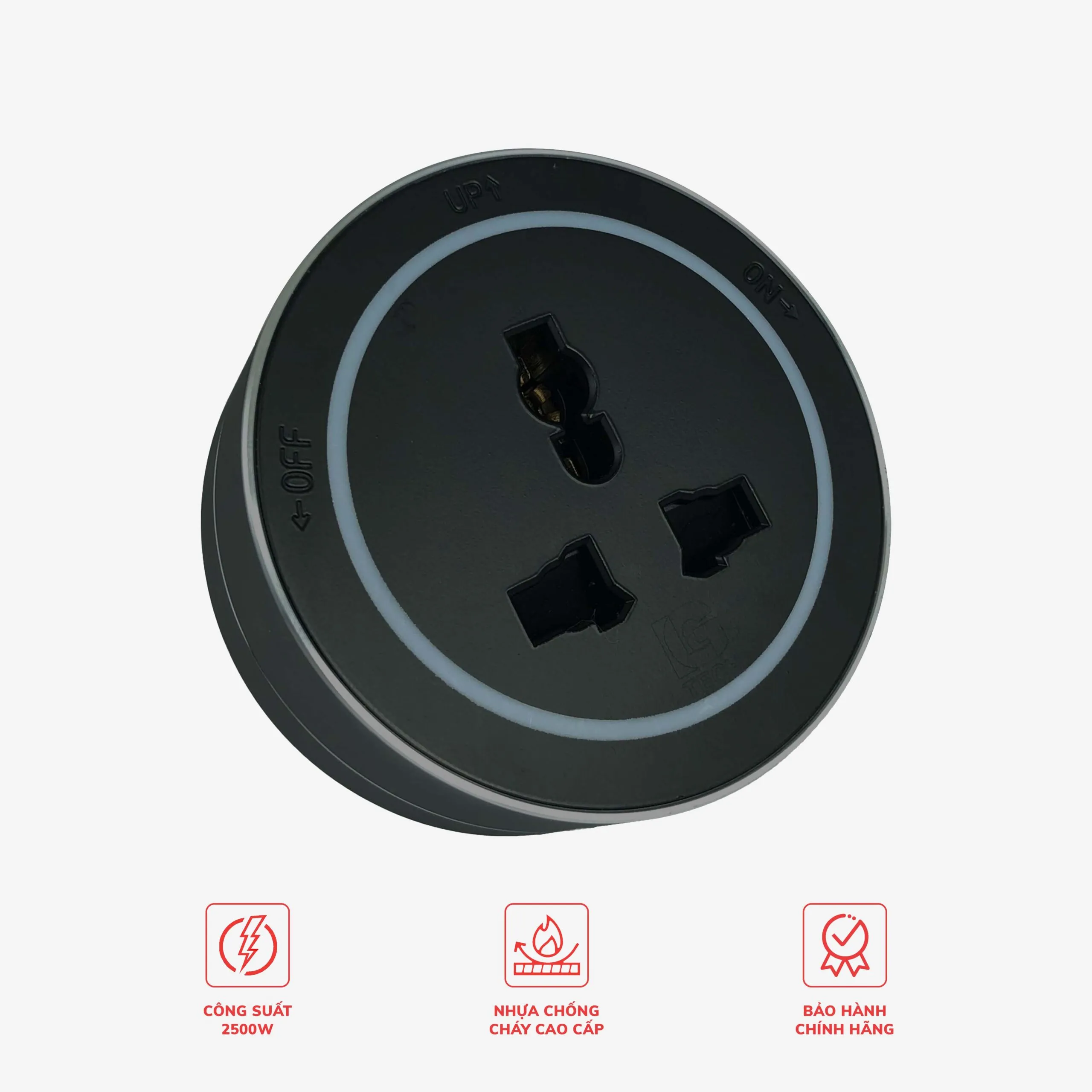 Ổ cắm đa năng 3 chấu cho thanh ray tròn có LED LG Tech GD19-07B - Thế hệ một