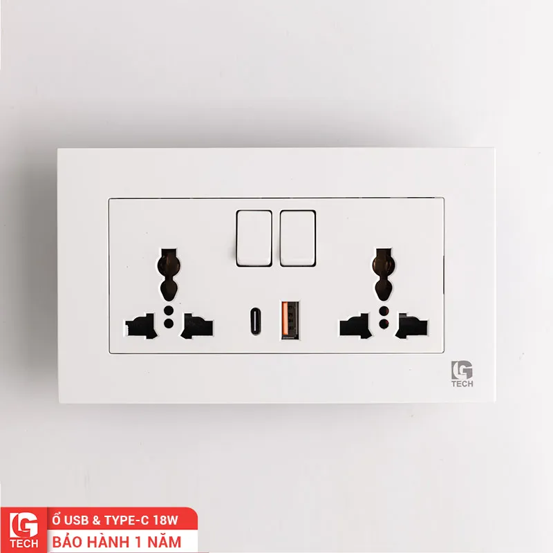 Ổ Cắm Điện Size EU Có Cổng USB, Type C 18W, Màu Trắng LG Tech Mã LG-F21-155F