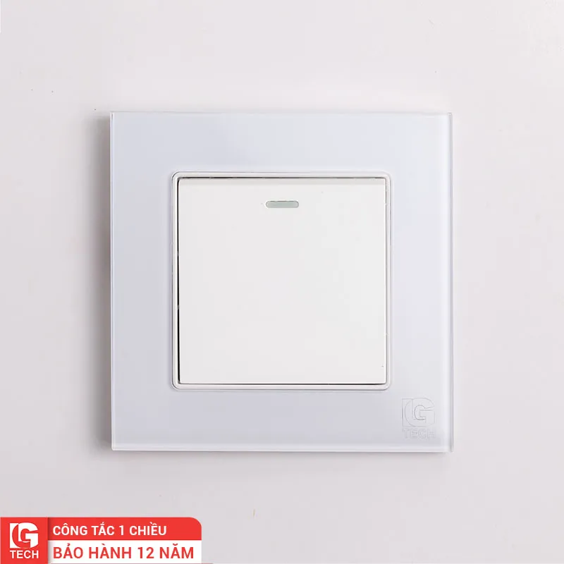 Công tắc điện đơn, 1 chiều, chuẩn vuông, viền kính màu trắng LG Tech mã LG-F71W-001