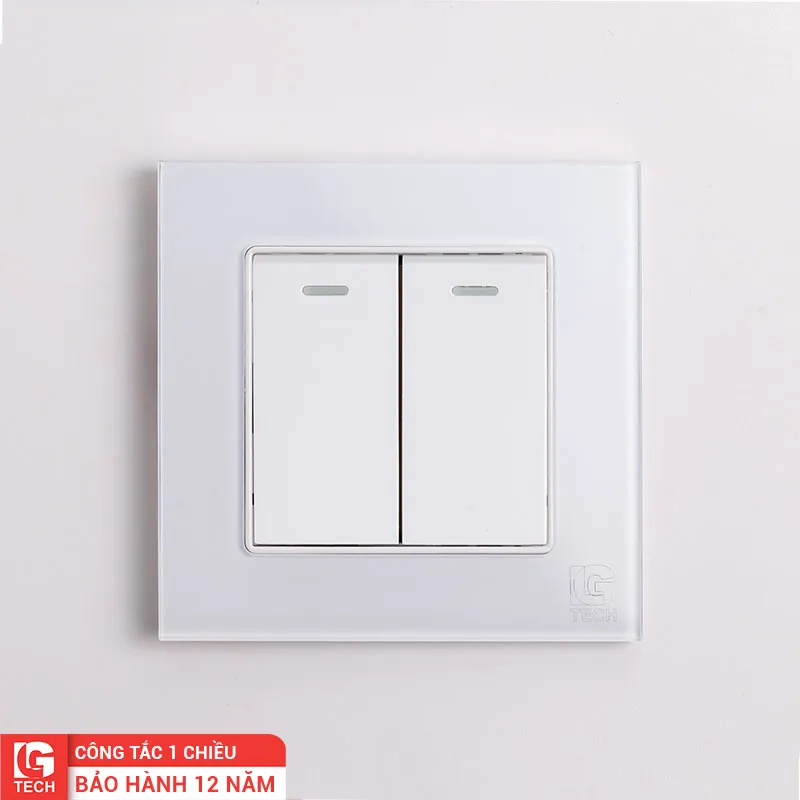 Công tắc điện đôi, 1 chiều, chuẩn vuông, viền kính màu trắng LG Tech mã LG-F71W-002