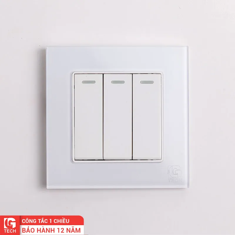 Công tắc điện ba, 1 chiều, chuẩn vuông, viền kính màu trắng LG Tech mã LG-F71W-003