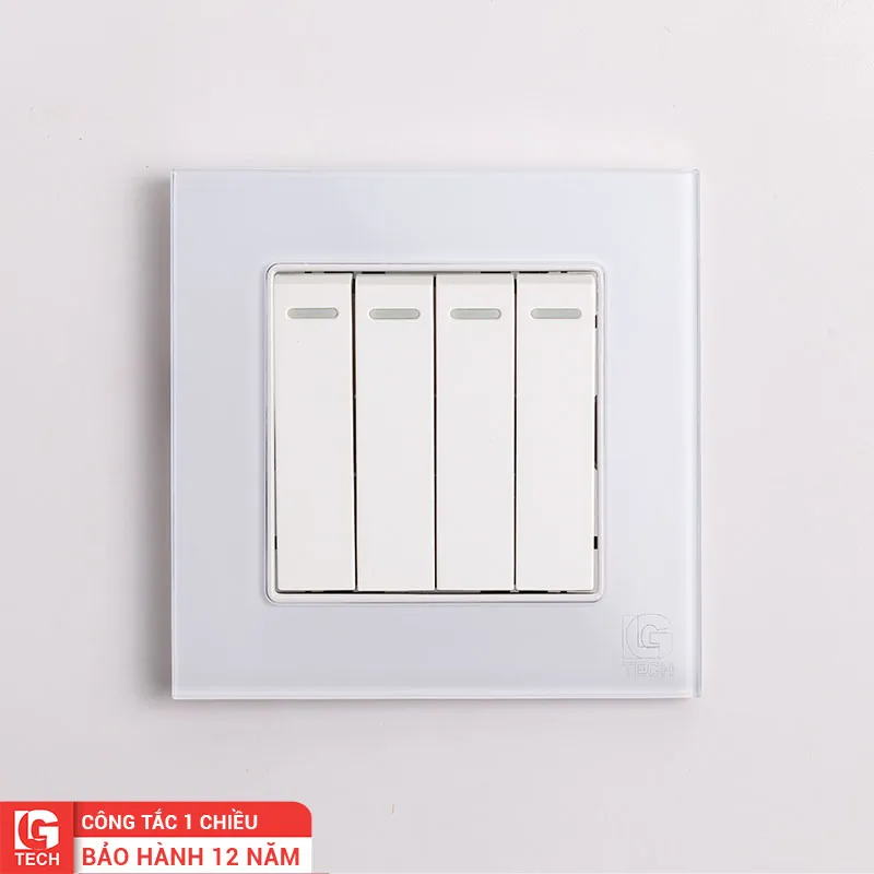 Công tắc điện bốn, 1 chiều, chuẩn vuông, viền kính màu trắng LG Tech mã LG-F71W-004