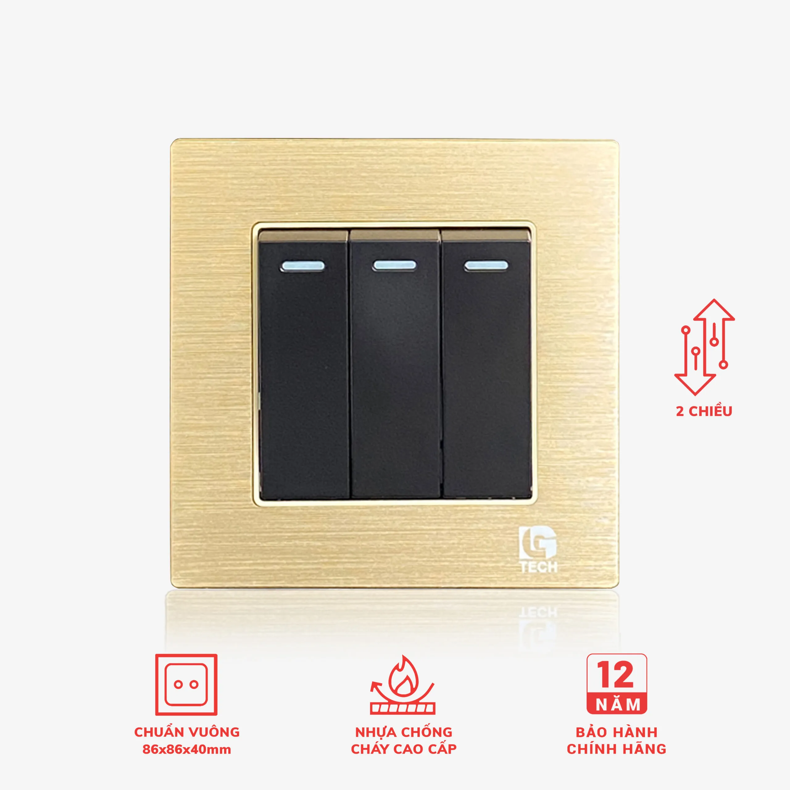 Công tắc điện 3 nút, viền kim loại màu gold 2 chiều LG Tech mã LG-F71G-003N