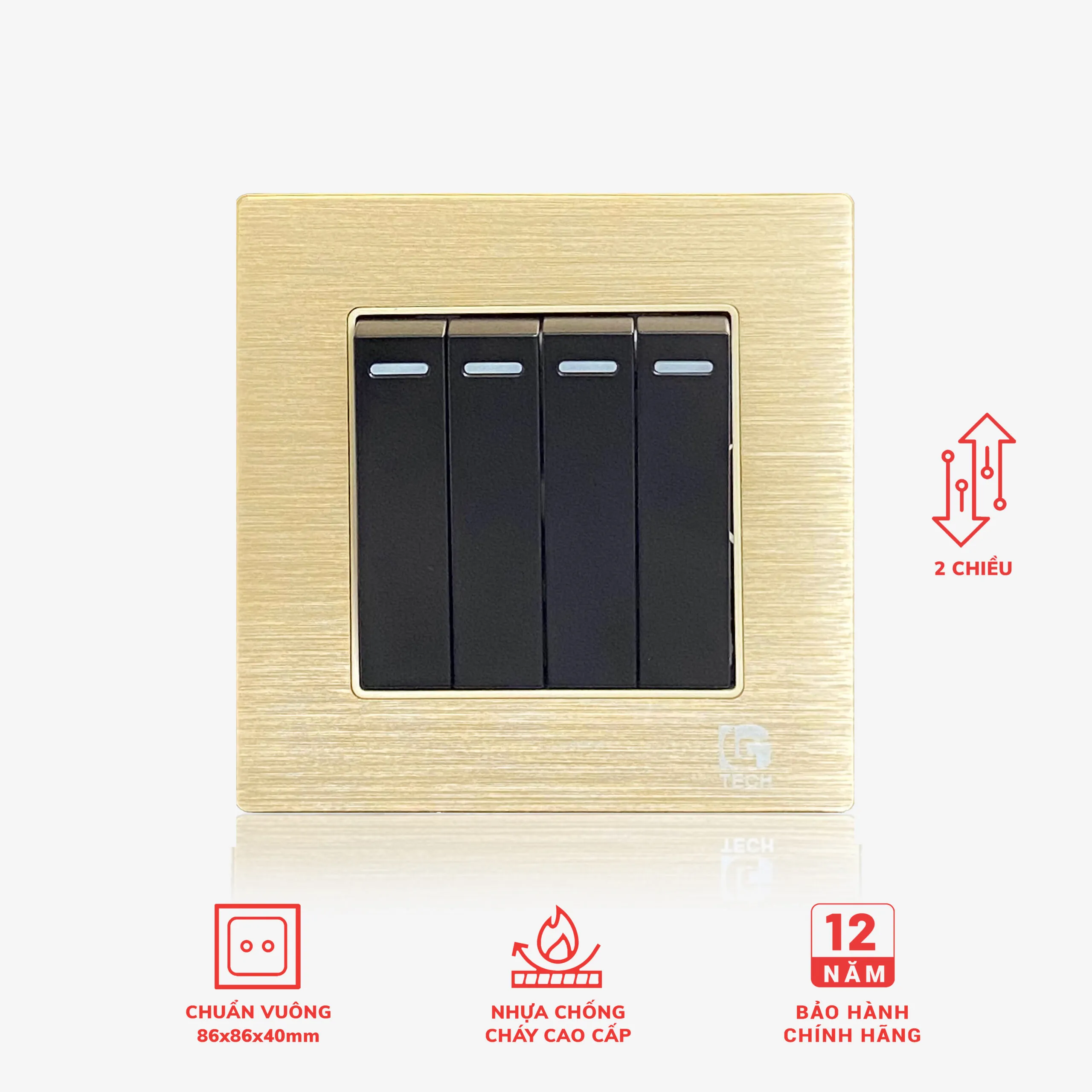 Công tắc điện 4 nút, viền kim loại màu gold 2 chiều LG Tech LG-F71G-004N