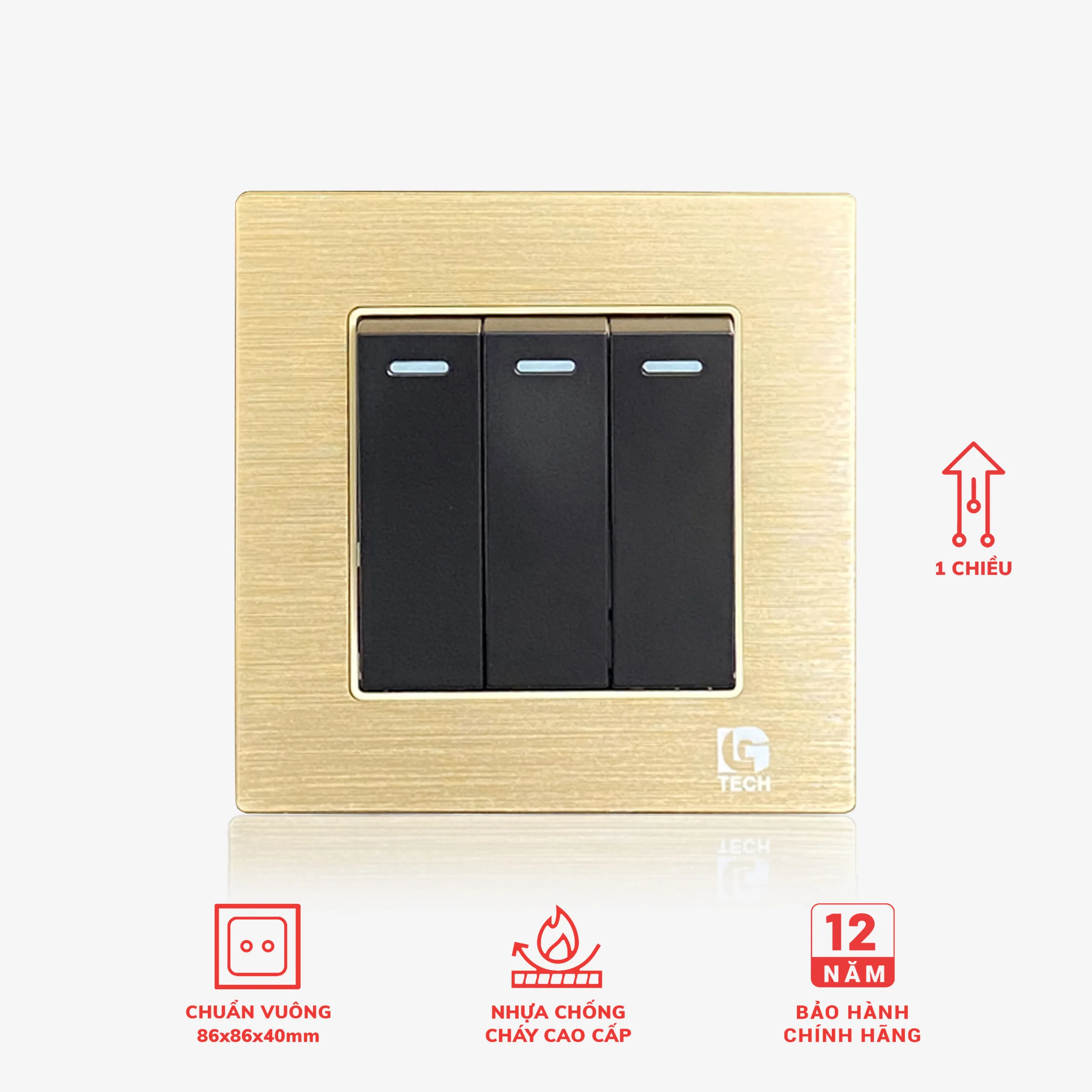 Công tắc điện ba 1 chiều, chuẩn vuông, viền vàng nhân đen LG Tech mã LG-F71G-003
