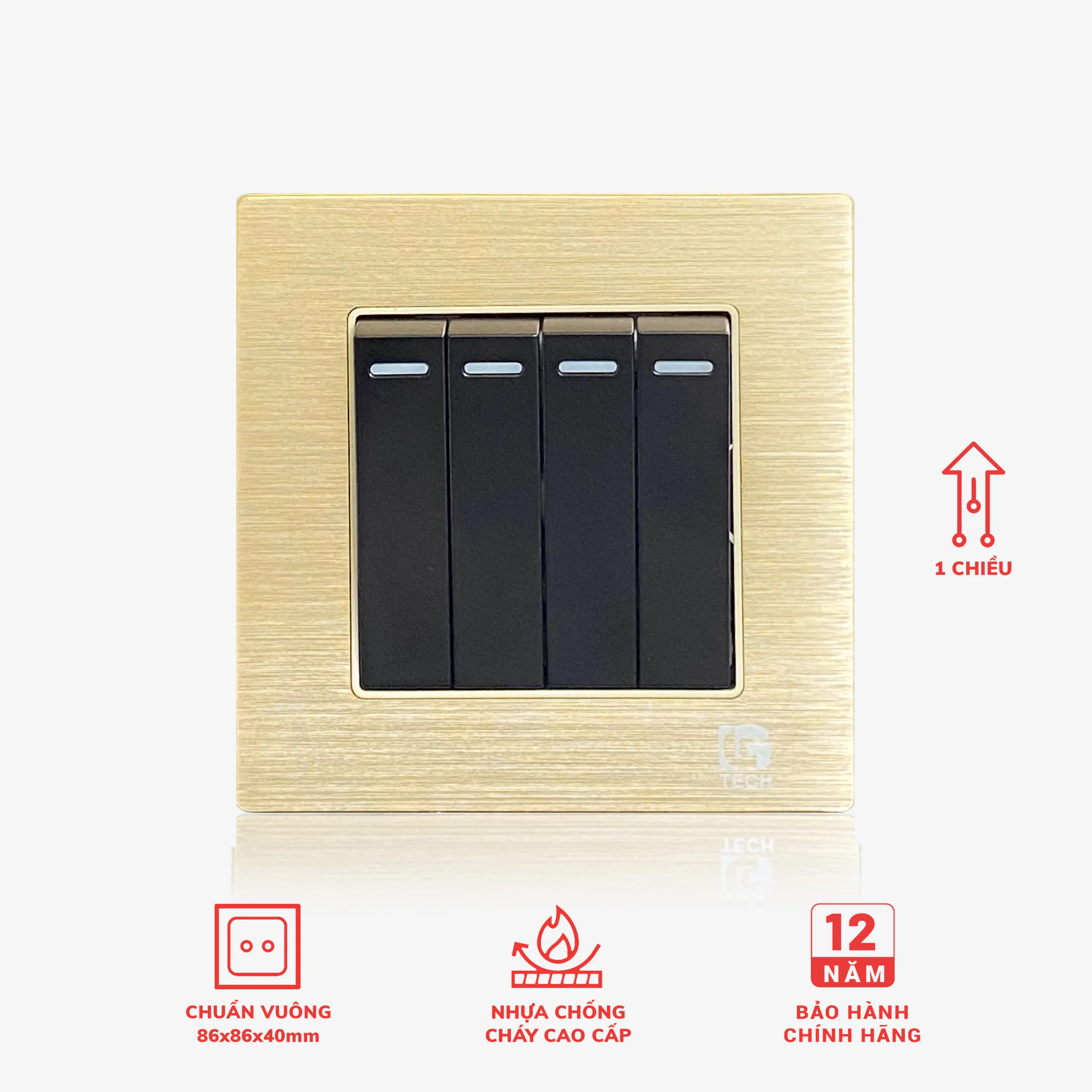 Công tắc điện bốn 1 chiều, chuẩn vuông, viền vàng nhân đen LG Tech mã LG-F71G-004