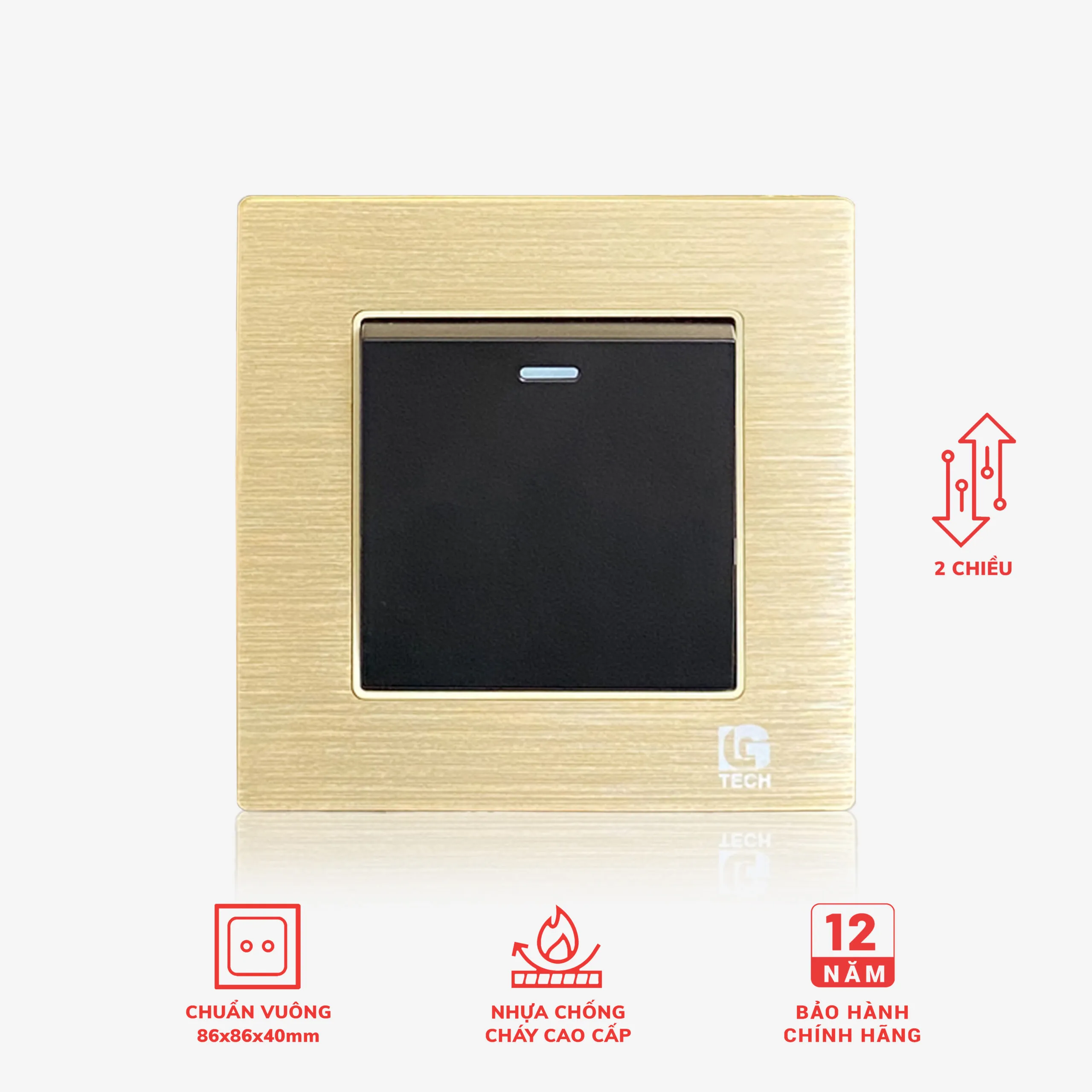 Công tắc điện đơn 2 chiều, chuẩn vuông, viền vàng nhân đen LG Tech mã LG-F71G-001N