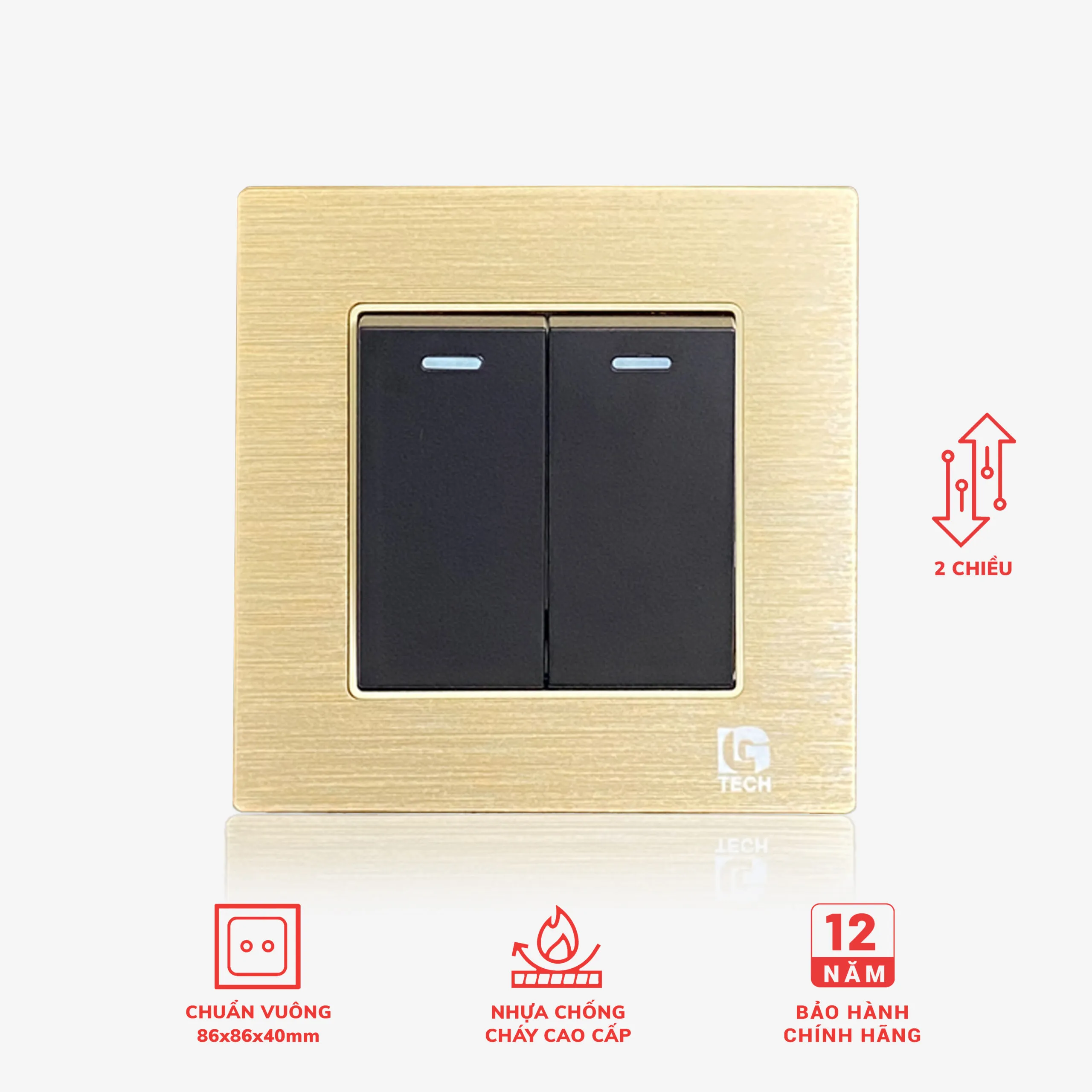Công tắc điện đôi 2 chiều, chuẩn vuông, viền vàng nhân đen LG Tech mã LG-F71G-002N